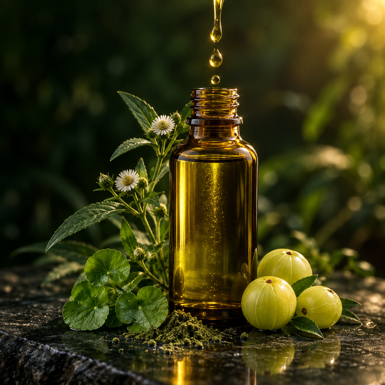 Amber herbal oil in a glass bottle with fresh green herbs and amla (Indian gooseberry) beside it.